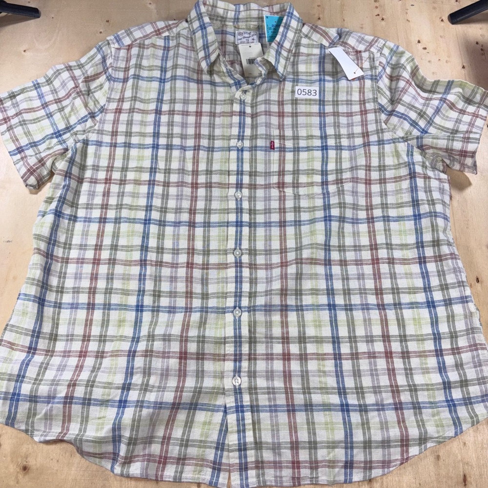 Levis Mens 2XL Sunset One Pocket Linen Blend Plaid Short Sleeve Shirt NWT